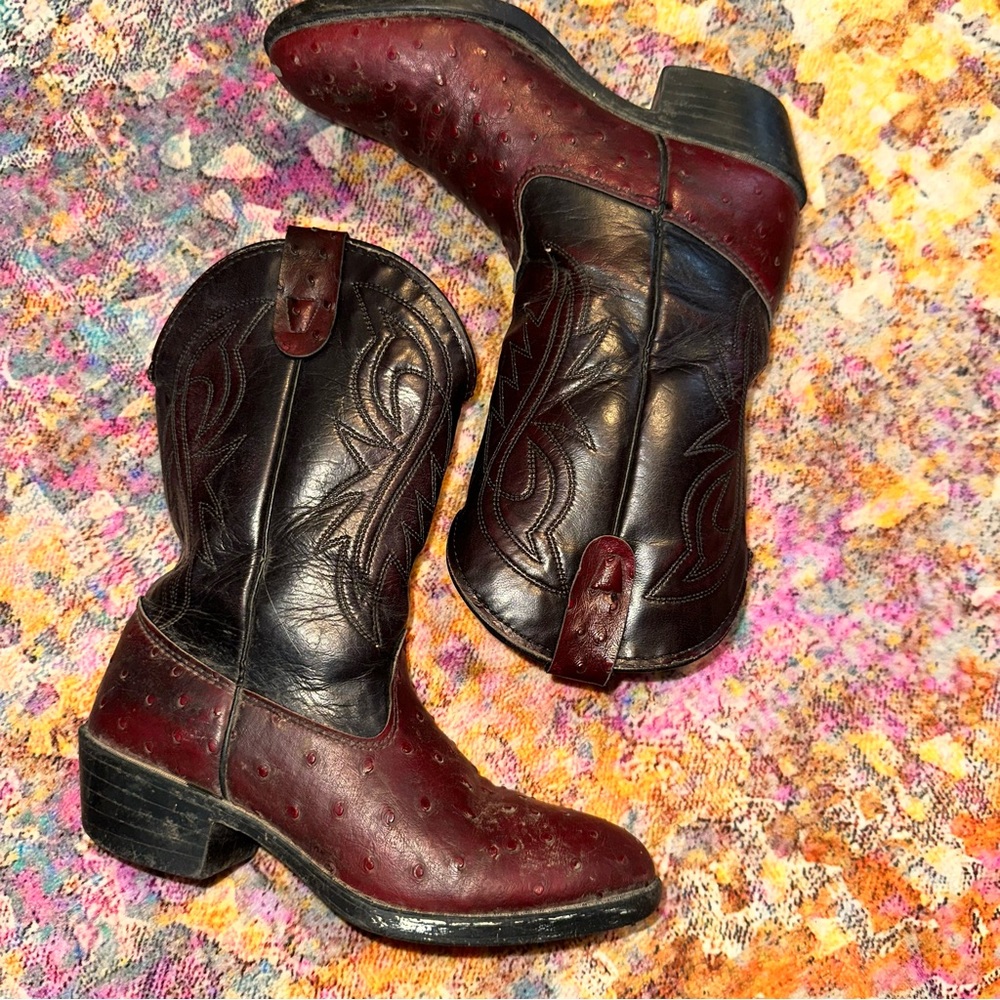 VTG Ostrich Cowboy Boots Youth Made In USA Texas 1 1/2D C1923 Black And Brown